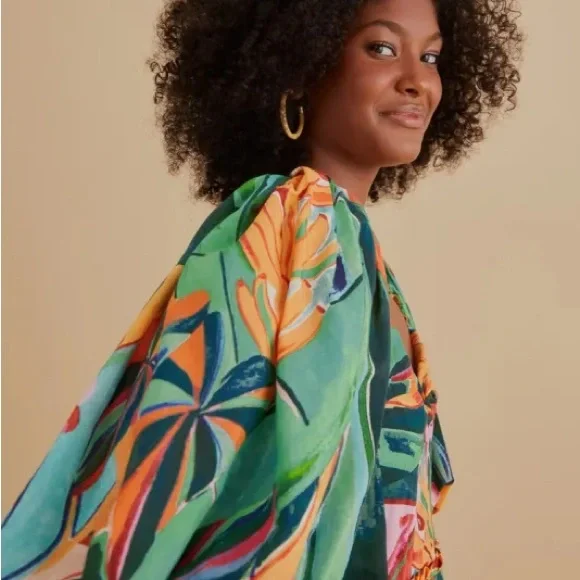 Farm Rio Multicolor Banana Foliage Puff Sleeve Midi Dress - Picture 5 of 6